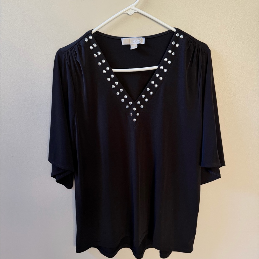 Michael Kors Black V-Neck Flutter Sleeve Blouse Top with Silver Accents